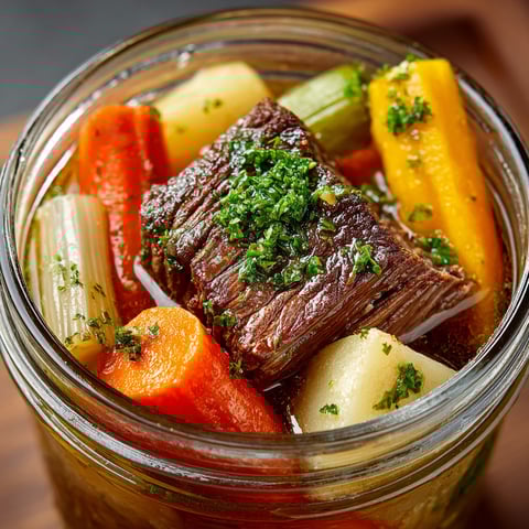 A pot-au-feu modern in a mason jar.