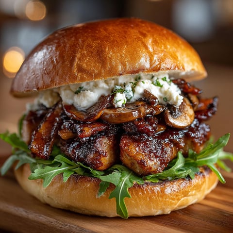 A gourmet burger with bacon, mushrooms and blue cheese.