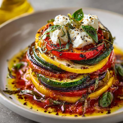 A plate of food with a stack of zucchini and goat cheese.