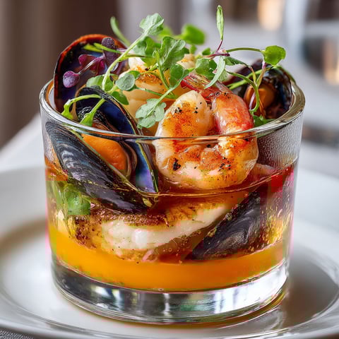 A close up of a deconstructed bouillabaisse in a glass.