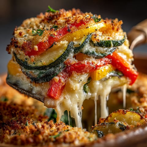 A close up of a gratin dauphinois with rainbow vegetables.