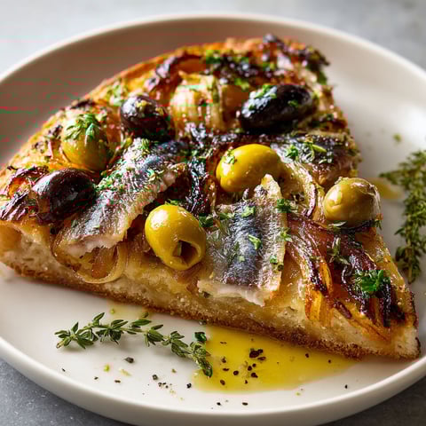A slice of pizza with olives and anchovies.