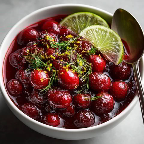 A bowl of cranberry sauce with lime wedges on top.