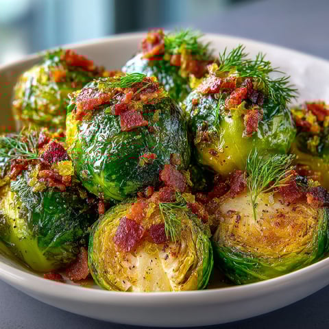 A bowl of roasted Brussels sprouts with bacon crumbles.