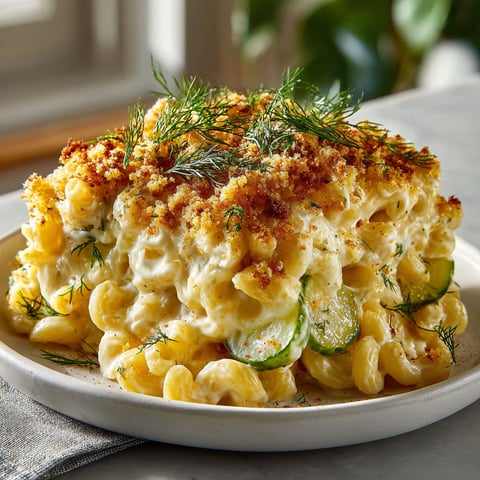 A plate of food with a fried pickle dip mac and cheese holiday bake.