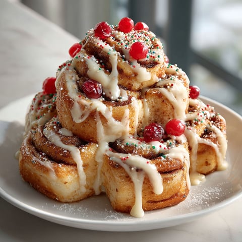 A plate of cinnamon rolls stacked on top of each other.