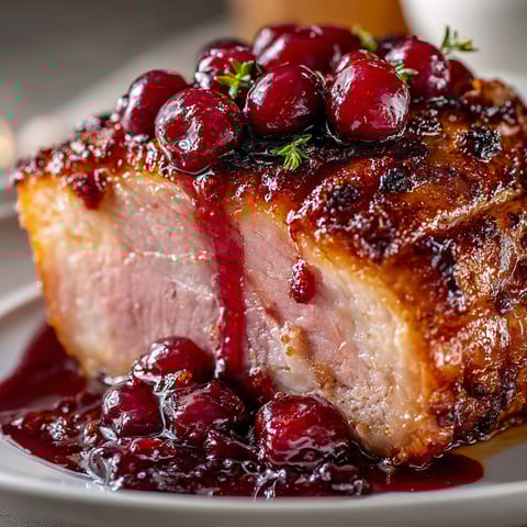 A glazed ham with cherries on top.