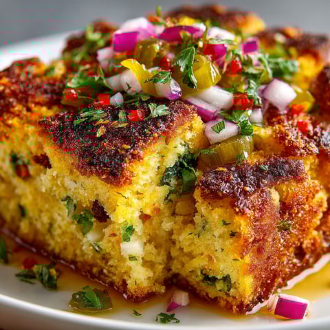 A plate with a cornbread base and pickle de gallo stuffing.