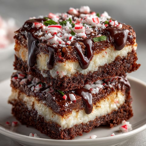A stack of brownies with chocolate and peppermint toppings.