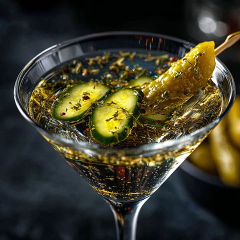 A martini glass with a pickle and herbes de provence garnish.