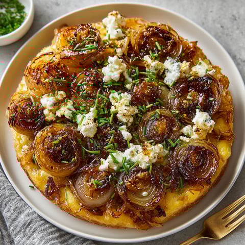 A plate of food with a fried onion on top.