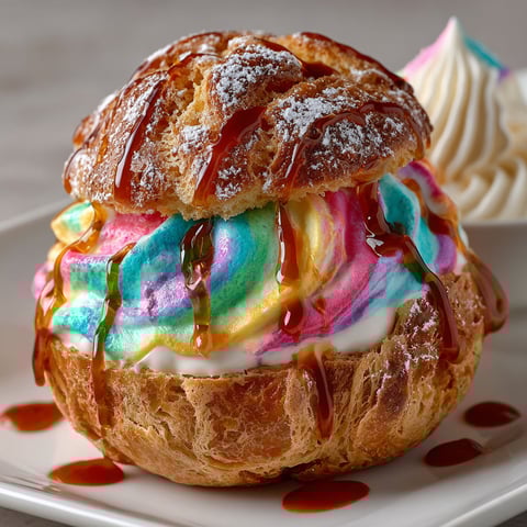 A colorful pastry with a drizzle of caramel sauce.