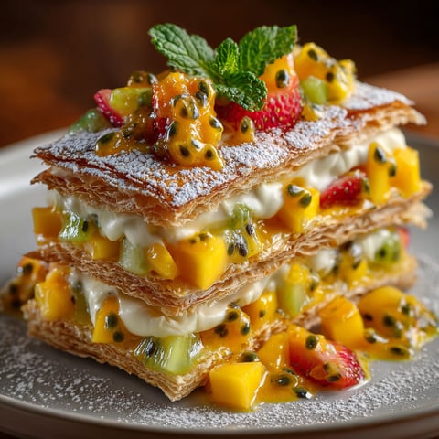 Mille-feuille anarchiste with exotic fruits.