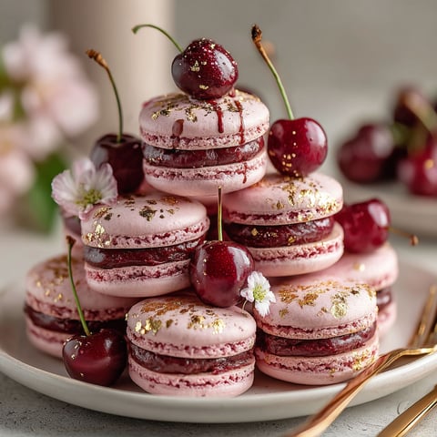 A tower of macarons with cherries and pink chocolate.