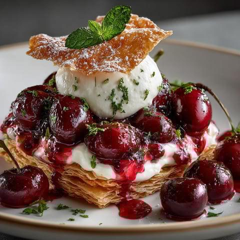 A deconstructed cherry tart with whipped cream and a sprig of mint.