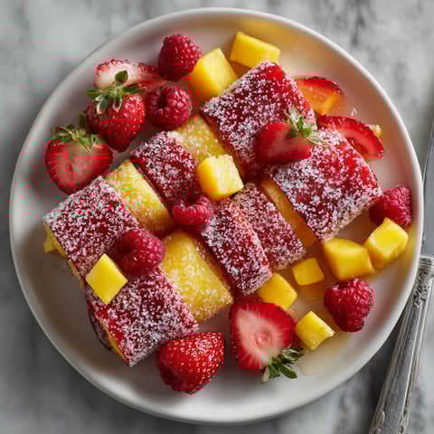 A plate of fruit with strawberries and mango.