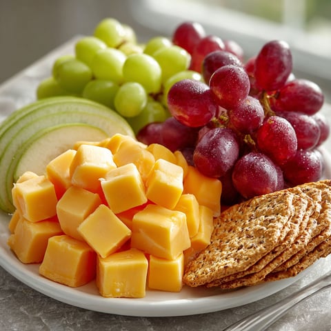 A plate of assorted fruits and cheese.