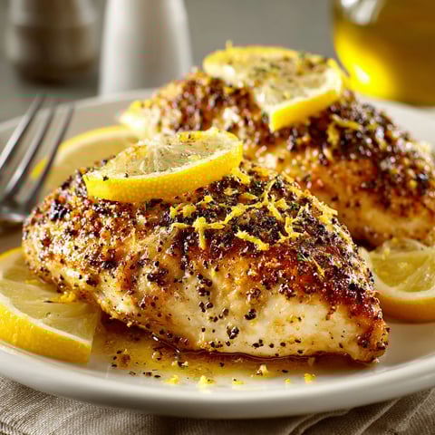 A plate of chicken with lemon and pepper.