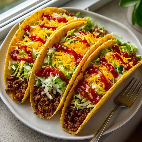 A plate of tacos with cheese and ketchup.