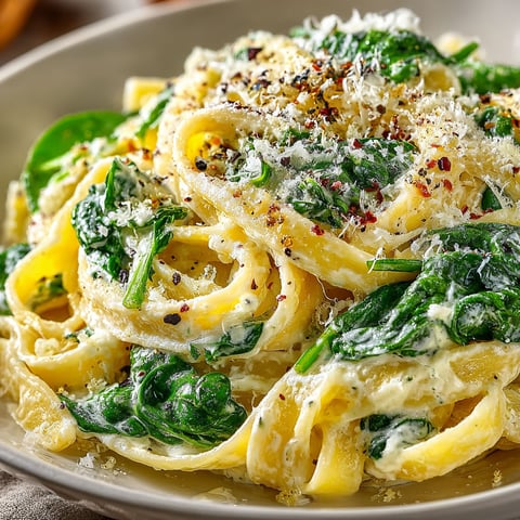 A plate of pasta with spinach and cheese.