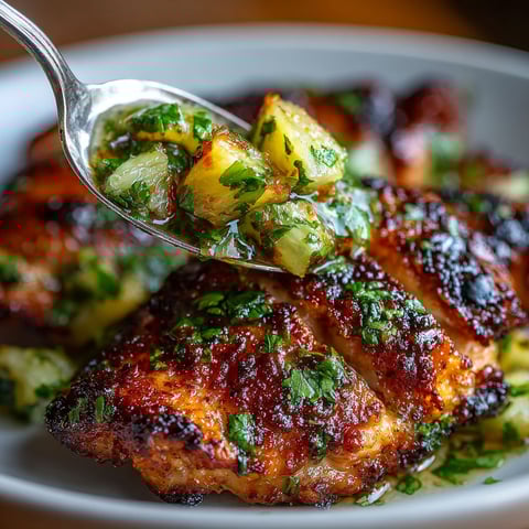 A piece of grilled chicken with a spoonful of a tropical fruit salsa.