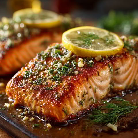 A piece of salmon with herbs on top.