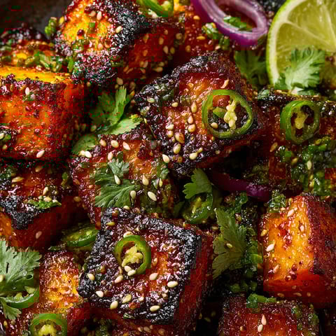 A dish of Asian Fusion Tikka-Spiced Roasted Pumpkin.