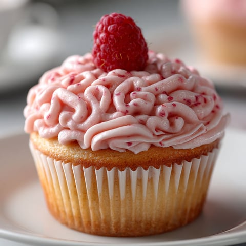 A cupcake with a raspberry on top.