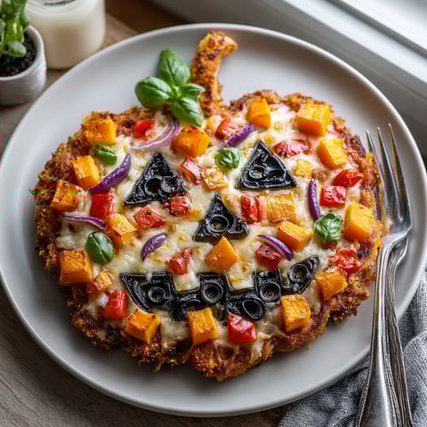 A pizza with a jack-o-lantern face made of roasted vegetables.