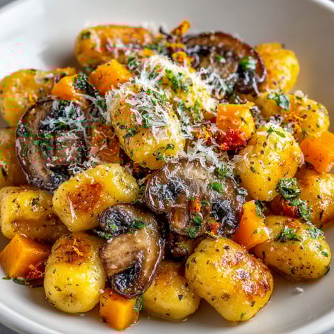 A bowl of gnocchi with orange butternut and shiitake mushrooms.