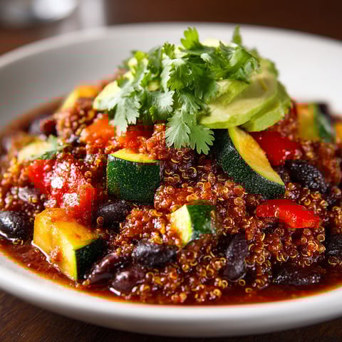 A plate of chili sin carne sorcière with black beans and quinoa.