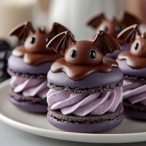 Bat-shaped purple blackberry macarons.