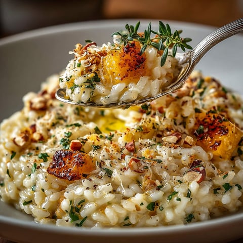 A spoonful of pumpkin, Parmesan and truffle risotto with toasted hazelnuts.