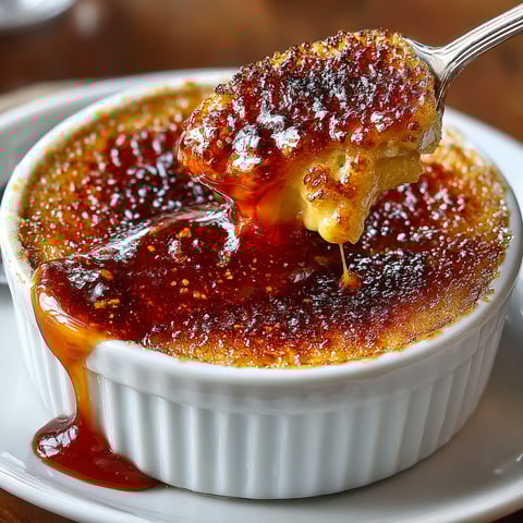 A spoon is in a bowl of pumpkin-bourbon vanilla crème brûlée.