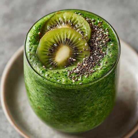 A glass of green smoothie with kiwi and spirulina.
