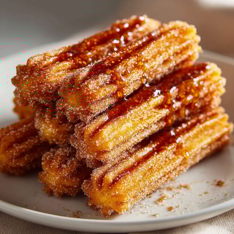 A stack of churros with spiced sugar on a plate.