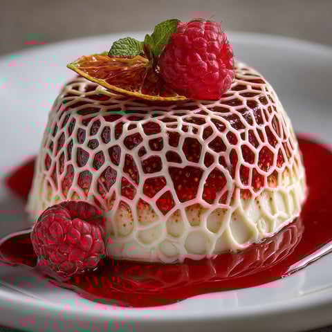 A dessert with a blood orange panna cotta and skeleton raspberry coulis.