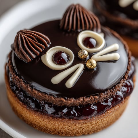 A Chat Noir chocolate and blackcurrant jam tartlet.
