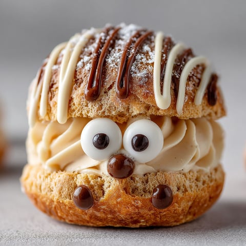 A pastry with a face made of chocolate and cream.