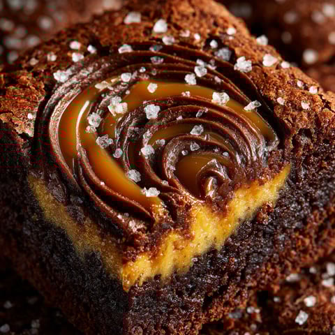 A piece of a spiderweb brownies with salted caramel swirl.