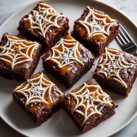 A plate of brownies with white icing and spider web decorations.