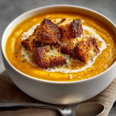 A bowl of soup with croutons on top.