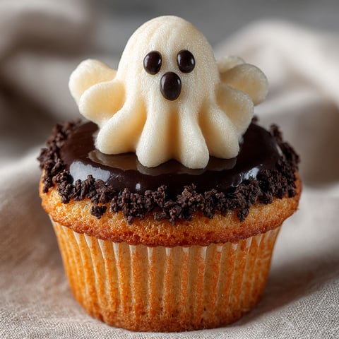 A cupcake with a chocolate ganache and a white frosting shaped like a ghost.