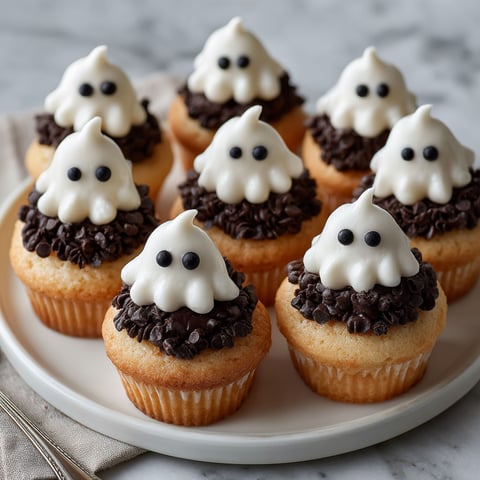 A plate of ghost cupcakes with chocolate ganache.