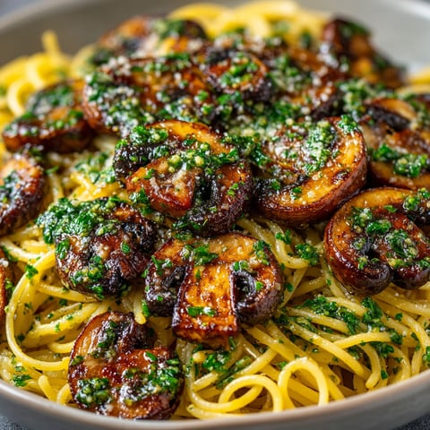 A bowl of pasta with mushrooms and parsley.