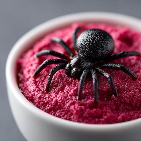 A bowl of red food with a spider on top.