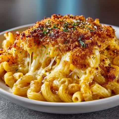 A plate of macaroni and cheese with garlic breadcrumbs on top.