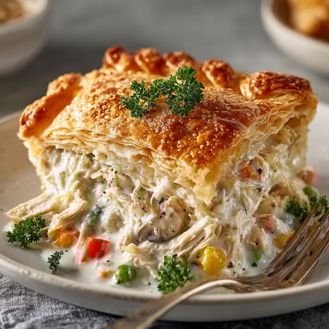 A chicken pot pie with a puff pastry crust.
