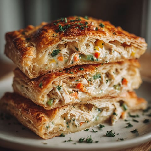 A stack of three pastries with a green herb on top.