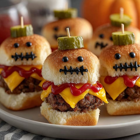 A plate of mini burgers with pickles on top.